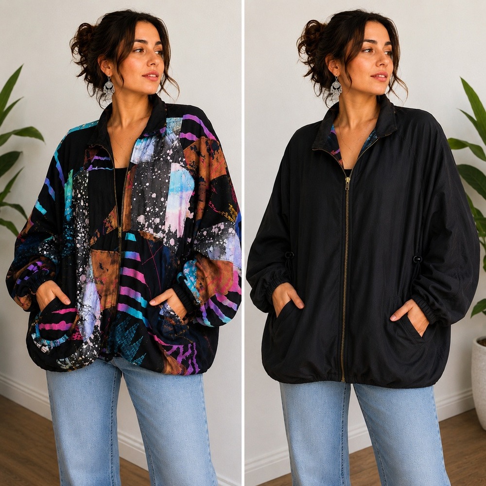 Himalaya Hamburg Reversible Jacket Womens OS Black Multi Color Patchwork Batik